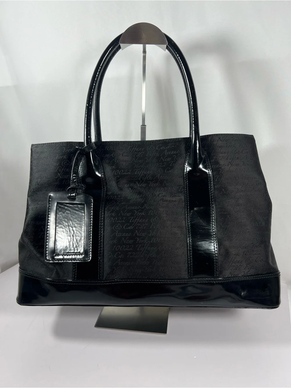 3105: Tiffany & Co. Black Jacquard Patent Leather Tote Shoulder Bag